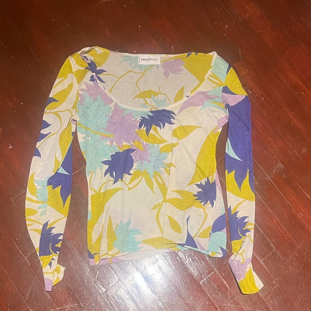 Emilio Pucci Floral Long Sleeve Tee in Yellow, Purple, Aqua, Lavender
